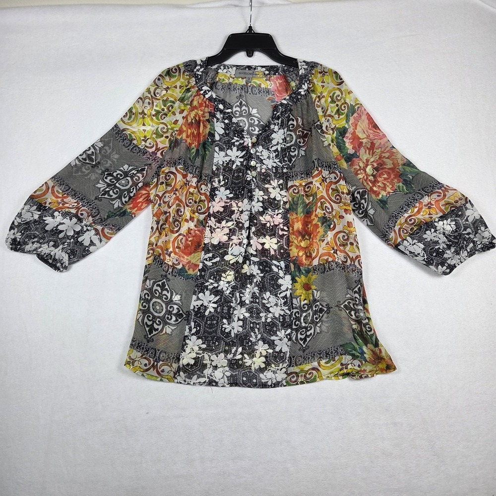 Figueroa & Flower Women's Blouse Sz 1X Black Floral Sheer‎ Layering Boho Artsy